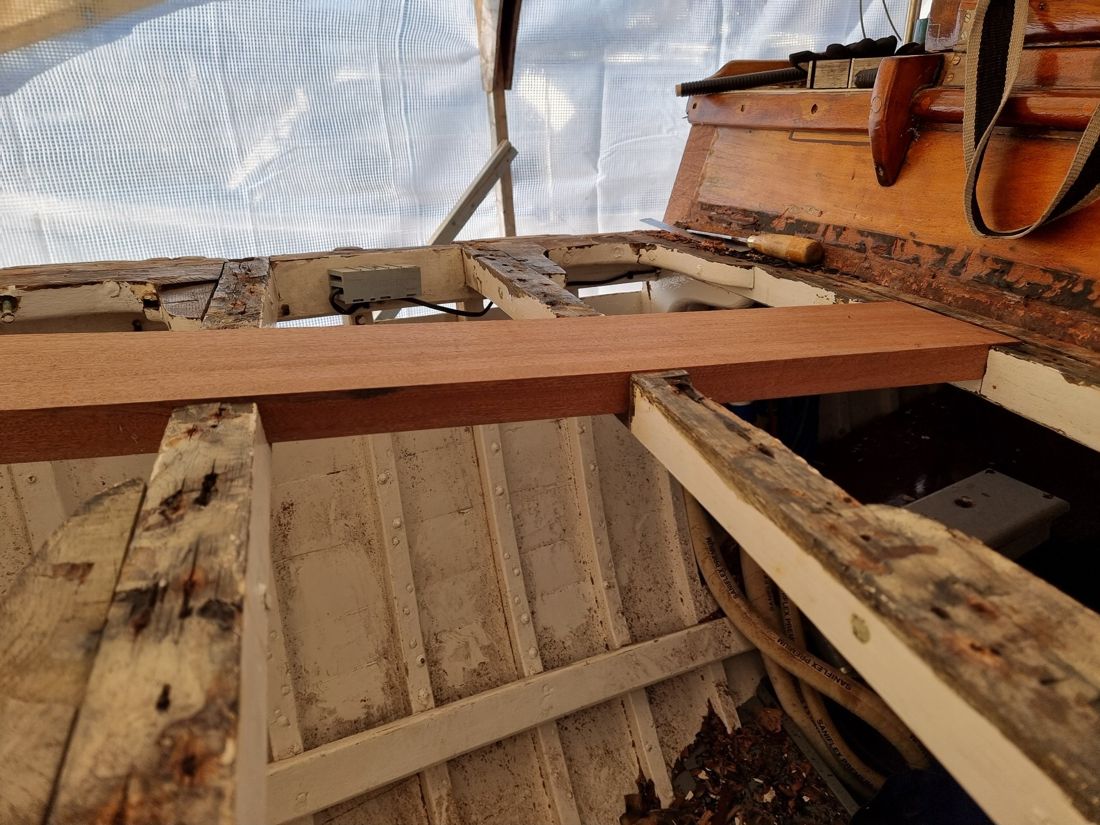 New mahogany deck beam laid across the old frames inside the hull