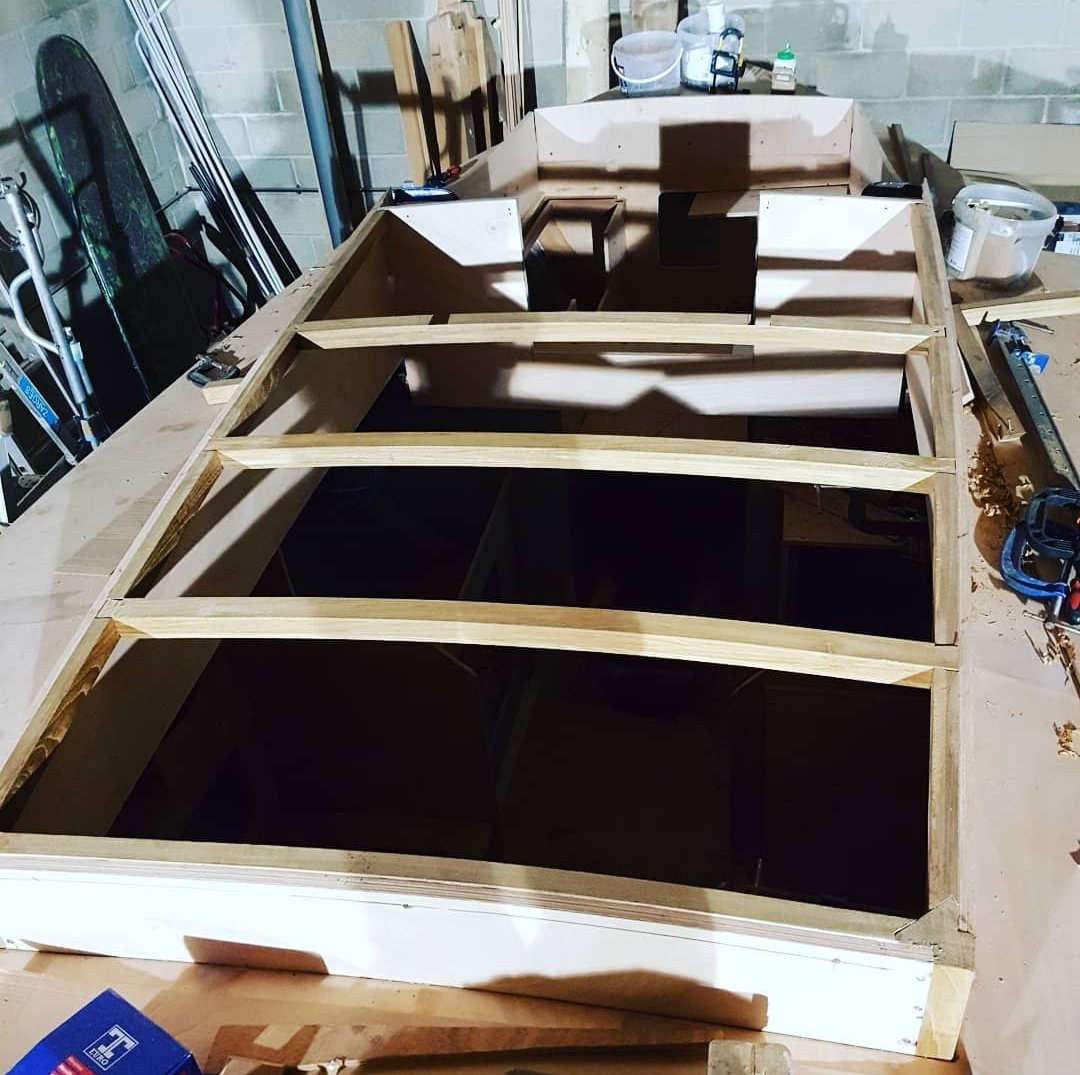 Kattegatt 26 coachroof under construction, with new beams across the plywood coachroof sides
