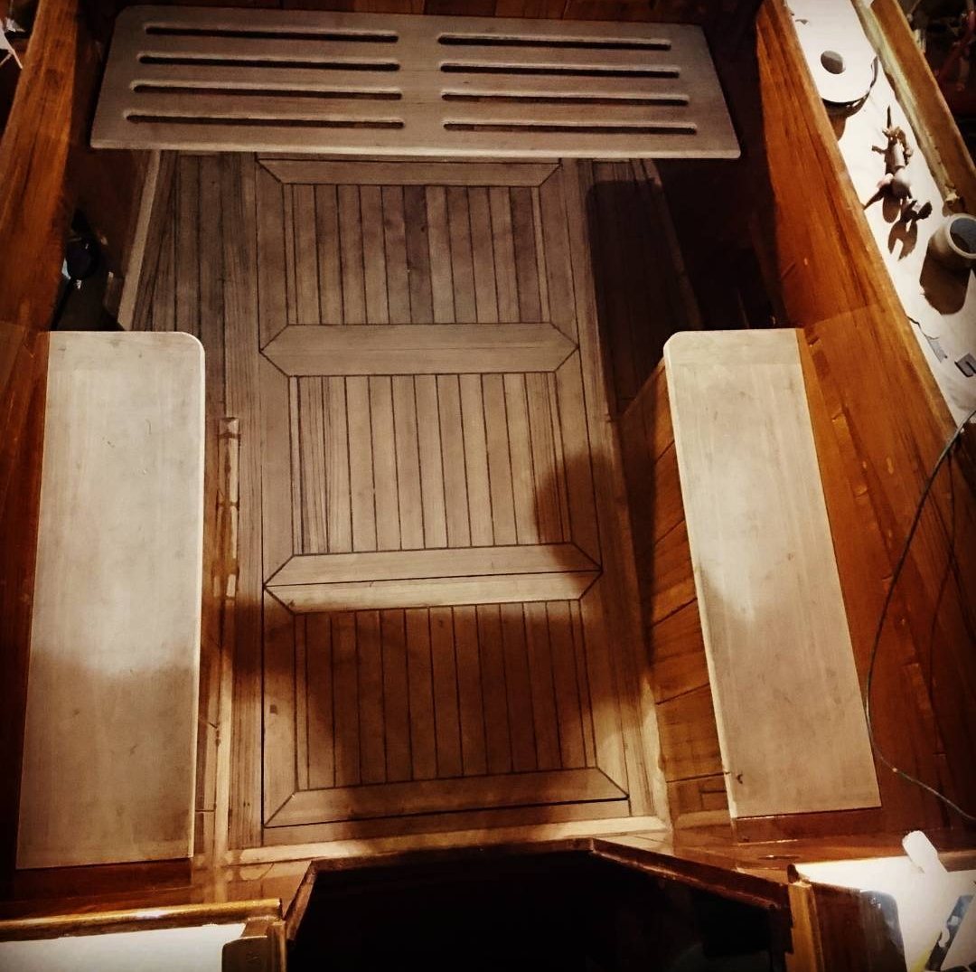 Roamer's new laid cockpit sole with margin boards, seat tops and a slatted hatch